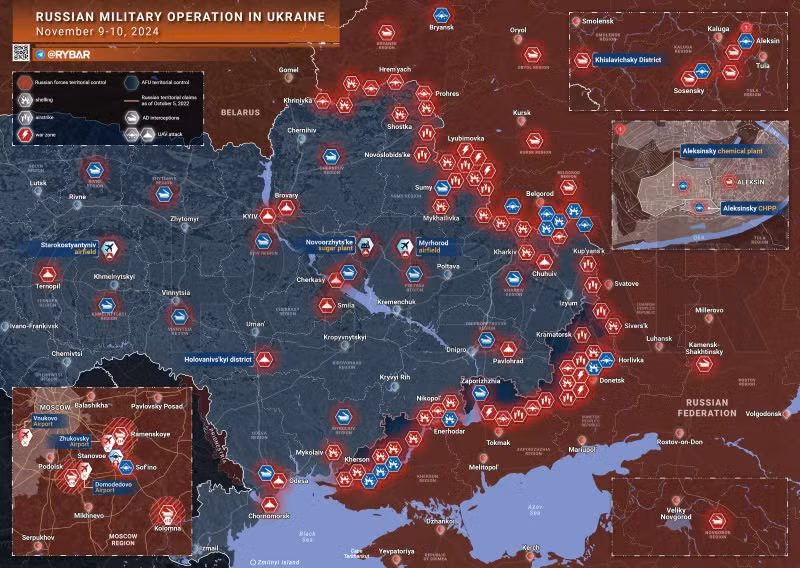 Bản đồ chiến sự Ukraine ngày 10/11. (Ảnh: Rybar).