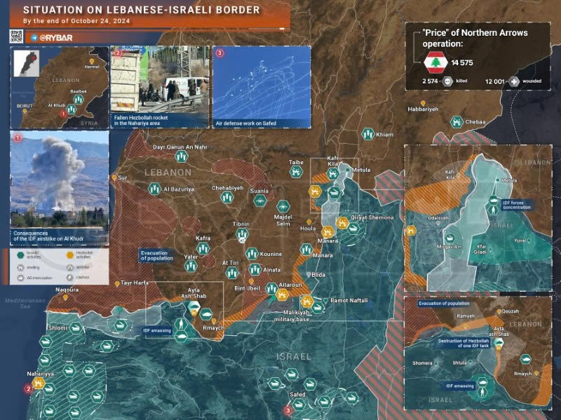 Bản đồ xung đột biên giới Israel-Hezbollah ngày 24/10. (Ảnh: Rybar)