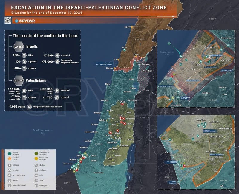 Bản đồ xung đột Israel-Hamas ngày 13/12. (Ảnh: Rybar) cuoc-tan-cong-vao-syria-bi-len-an-manh-me-israel-hung-ten-lua.jpg