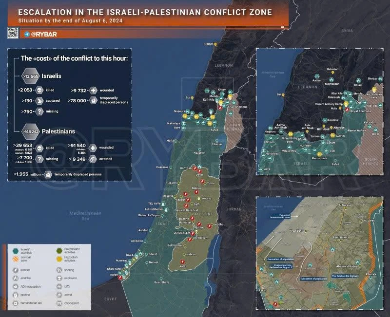 Bản đồ xung đột Israel - Hamas ngày 6/8. (Ảnh: Rybar)