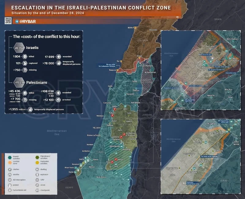 Bản đồ xung đột Israel-Hamas ngày 28/12. (Ảnh: Rybar)