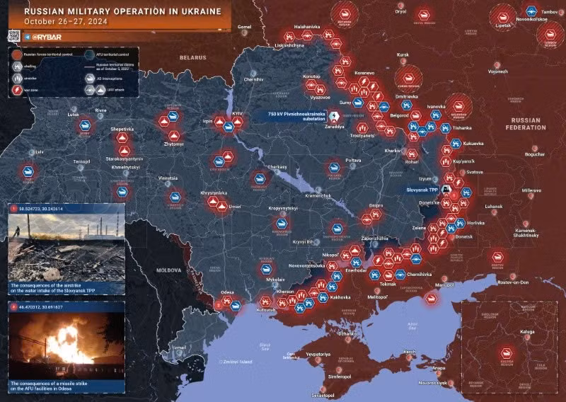 Bản đồ chiến sự Ukraine ngày 27/10. (Ảnh: Rybar)