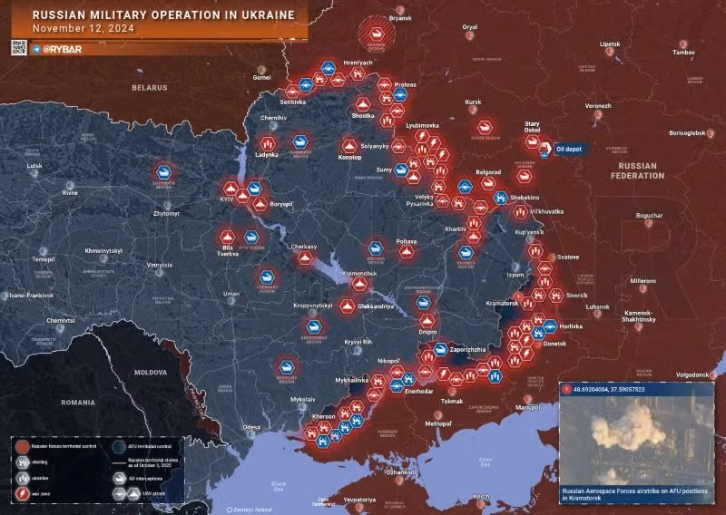 Bản đồ chiến sự Ukraine ngày 12/11. (Ảnh: Rybar)