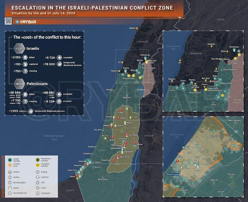 Bản đồ xung đột Israel - Hamas ngày 14/7. (Ảnh: Rybar)