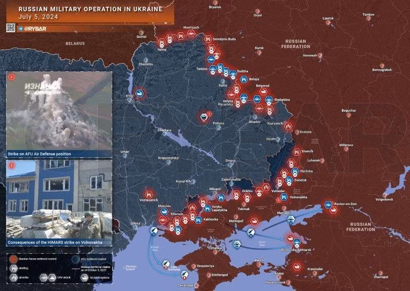 Bản đồ chiến sự Ukraine ngày 5/7. (Ảnh: Rybar)