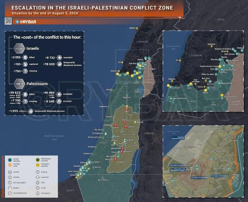 Bản đồ xung đột Israel - Hamas ngày 5/8. (Ảnh: Rybar)