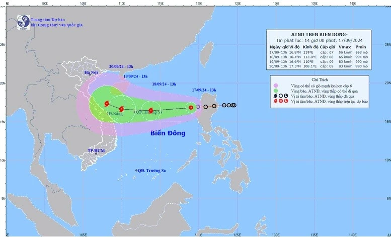 Dự báo vị trí và đường đi của áp thấp nhiệt đới. (Ảnh: Trung tâm dự báo khí tượng thủy văn quốc gia)