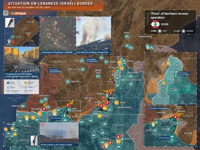 Bản đồ xung đột biên giới Israel-Hezbollah ngày 19-20/10. (Ảnh: Rybar)