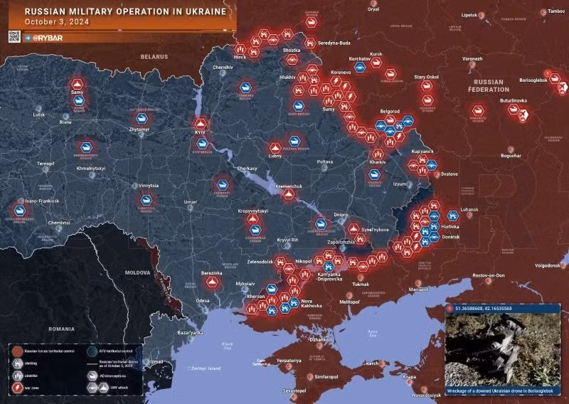 Bản đồ chiến sự Ukraine ngày 3/10. (Ảnh: Rybar)