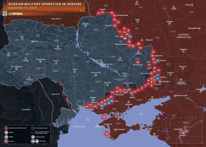 Bản đồ chiến sự Ukraine ngày 10/12. (Ảnh: Rybar)
