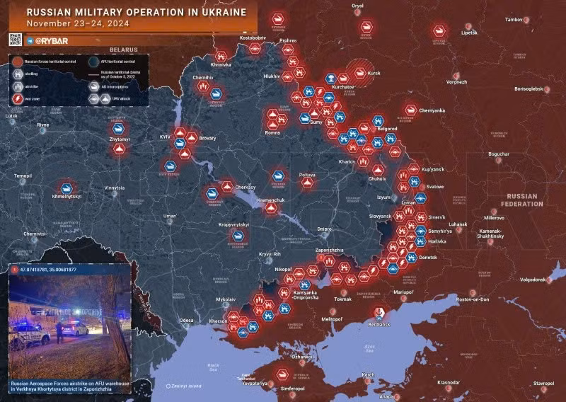 Bản đồ chiến sự Ukraine ngày 24/11. (Ảnh: Rybar)