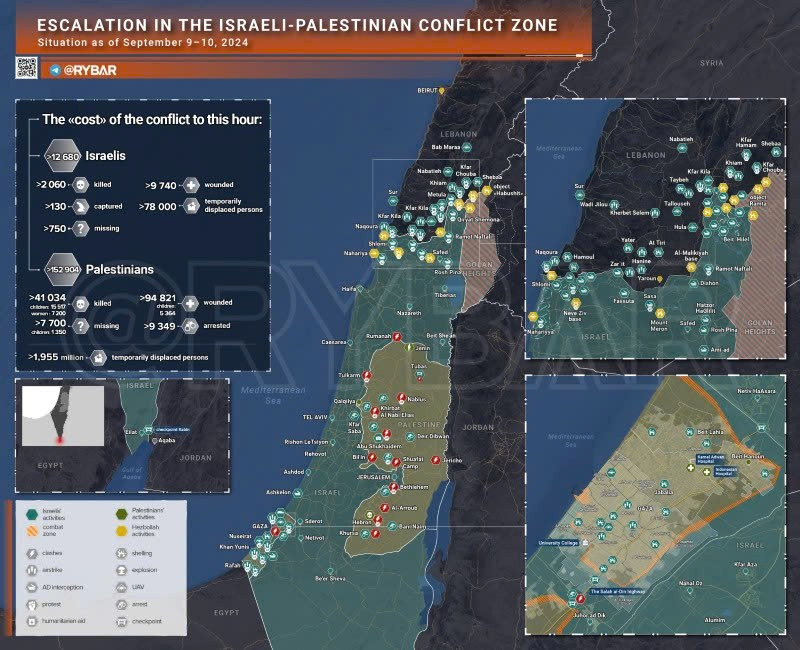 Bản đồ xung đột Israel - Hamas ngày 9-10/9. (Ảnh: Rybar)