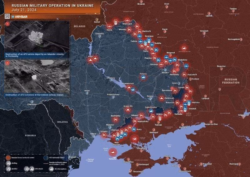 Bản đồ chiến sự Ukraine ngày 21/7. (Ảnh: Rybar)