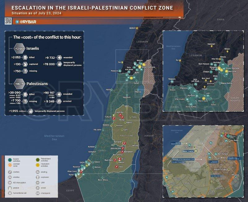 Bản đồ xung đột Israel - Hamas ngày 23/7. (Ảnh: Rybar)