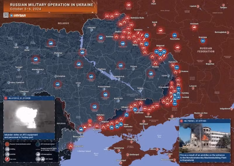 Bản đồ chiến sự Ukraine ngày 5-6/10. (Ảnh: Rybar)