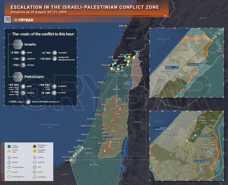 Bản đồ xung đột Israel - Hamas ngày 30-31/8. (Ảnh: Rybar)