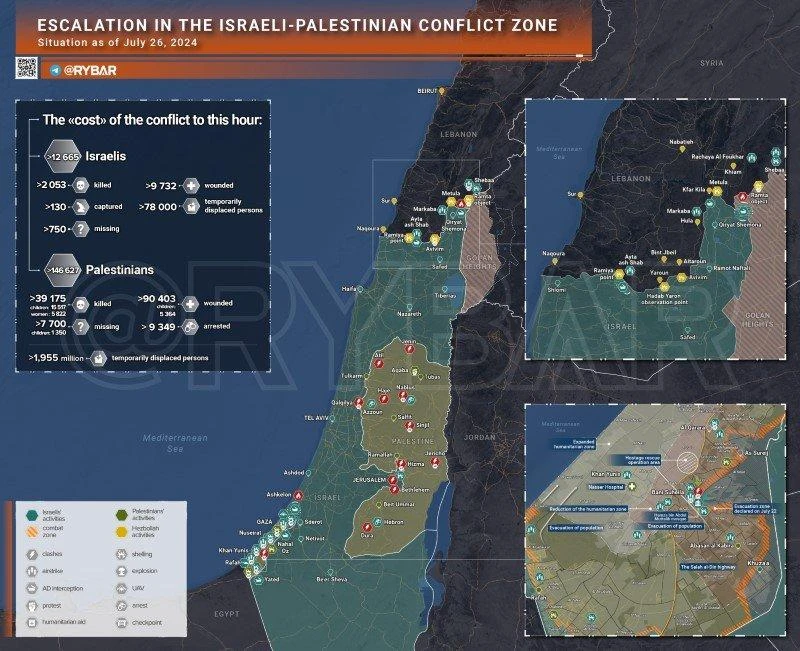 Bản đồ xung đột Israel - Hamas ngày 26/7. (Ảnh: Rybar)