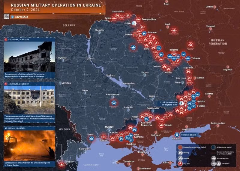 Bản đồ chiến sự Ukraine ngày 2/10. (Ảnh: Rybar)