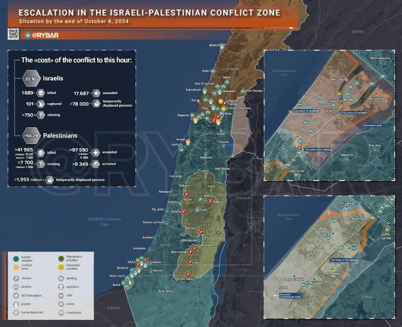 Bản đồ xung đột Israel-Hamas ngày 8/10. (Ảnh: Rybar)