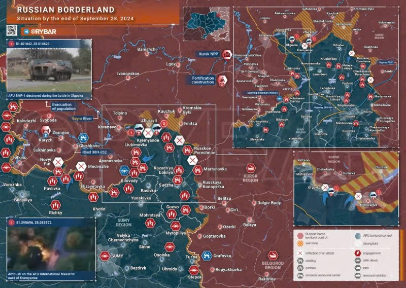 Bản đồ chiến sự Ukraine ngày 28/9, khu vực biên giới Kursk. (Ảnh: Rybar)
