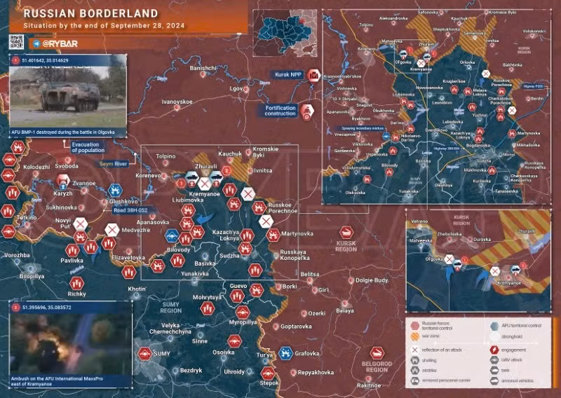 Bản đồ chiến sự Ukraine ngày 28/9, khu vực biên giới Kursk. (Ảnh: Rybar)