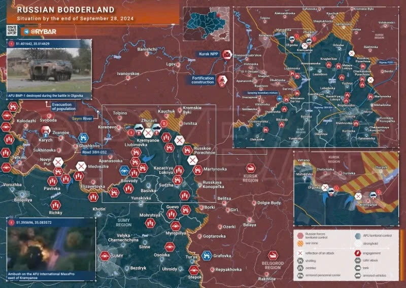 Bản đồ chiến sự Ukraine ngày 28/9, khu vực biên giới Kursk. (Ảnh: Rybar)