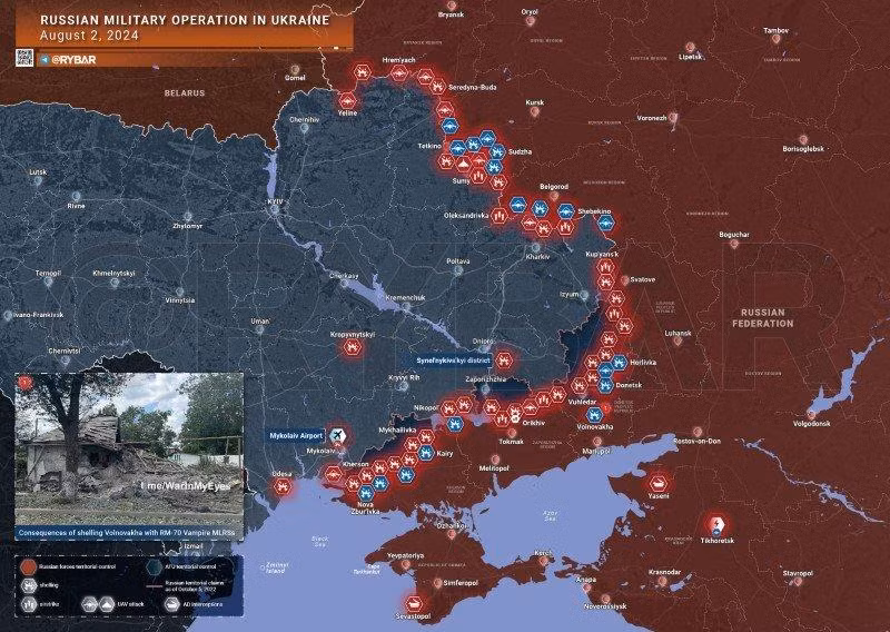 Bản đồ chiến sự Ukraine ngày 2/8. (Ảnh: Rybar)