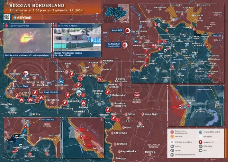 Bản đồ chiến sự Ukraine ngày 14/9, khu vực biên giới Kursk. (Ảnh: Rybar)