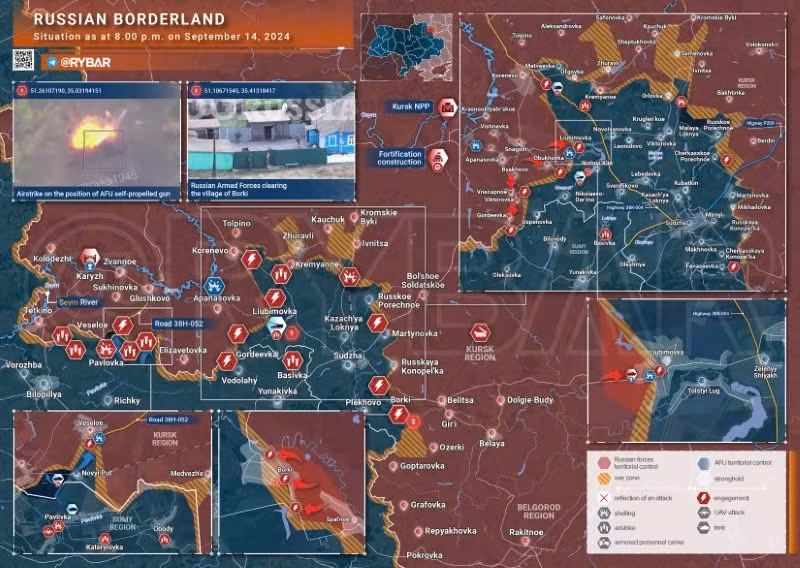 Bản đồ chiến sự Ukraine ngày 14/9, khu vực biên giới Kursk. (Ảnh: Rybar)