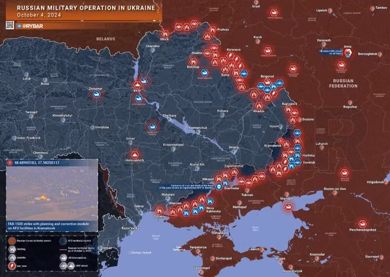 Bản đồ chiến sự Ukraine ngày 4/10. (Ảnh: Rybar)