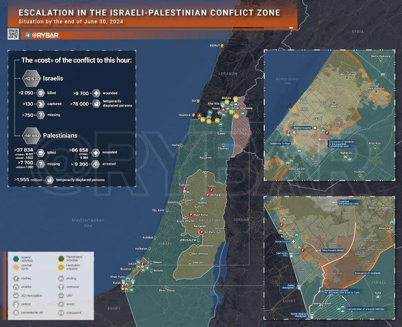 Bản đồ xung đột Israel - Hamas ngày 1/7. (Ảnh: Rybar)