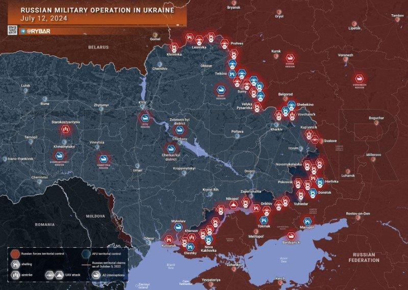 Bản đồ chiến sự Ukraine ngày 12/7. (Ảnh: Rybar)