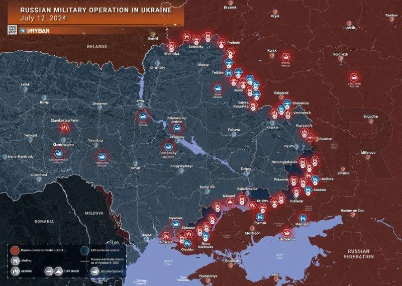 Bản đồ chiến sự Ukraine ngày 12/7. (Ảnh: Rybar)