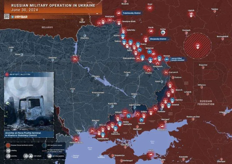 Bản đồ chiến sự Ukraine ngày 1/7. (Ảnh: Rybar)
