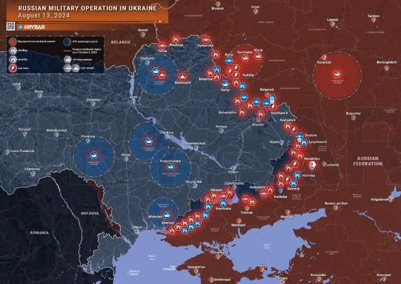 Bản đồ chiến sự Ukraine ngày 13/8. (Ảnh: Rybar)