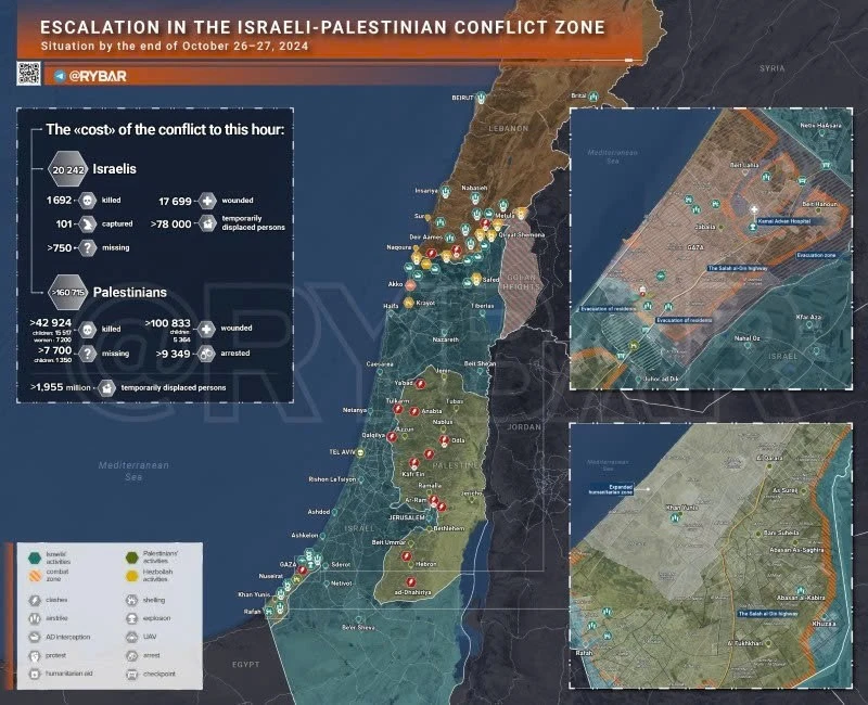 Bản đồ xung đột Israel-Hamas ngày 26-27/10. (Ảnh: Rybar)