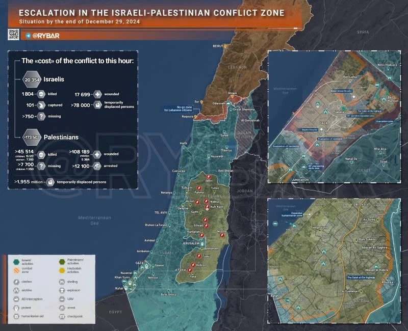 Bản đồ xung đột Israel-Hamas ngày 29/12. (Ảnh: Rybar)