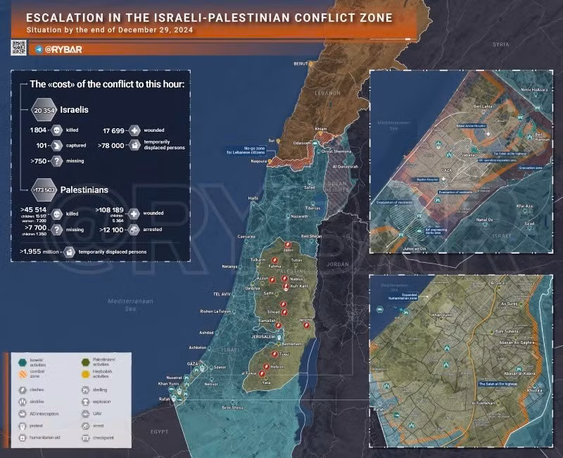 Bản đồ xung đột Israel-Hamas ngày 29/12. (Ảnh: Rybar)
