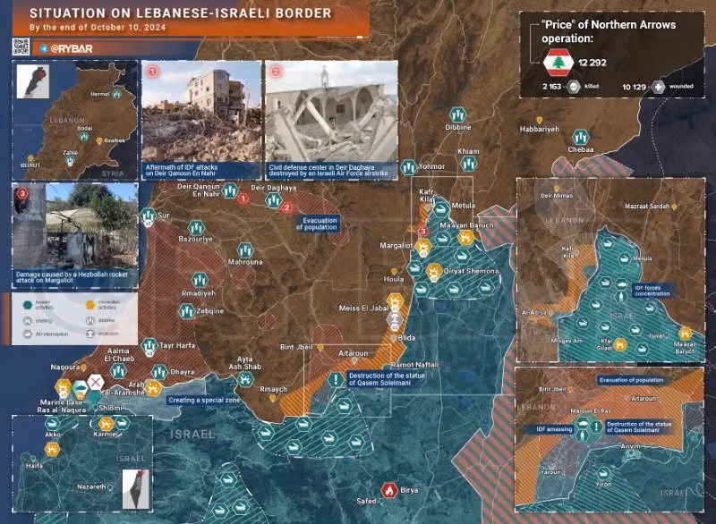 Bản đồ xung đột biên giới Lebanon - Israel ngày 10/10. (Ảnh: Rybar)