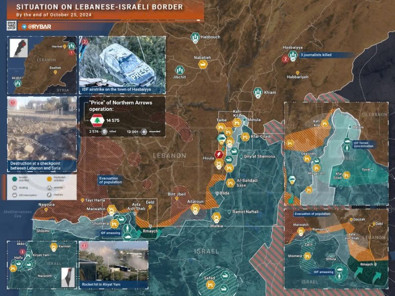 Bản đồ xung đột biên giới Israel-Hezbollah ngày 25/10. (Ảnh: Rybar)