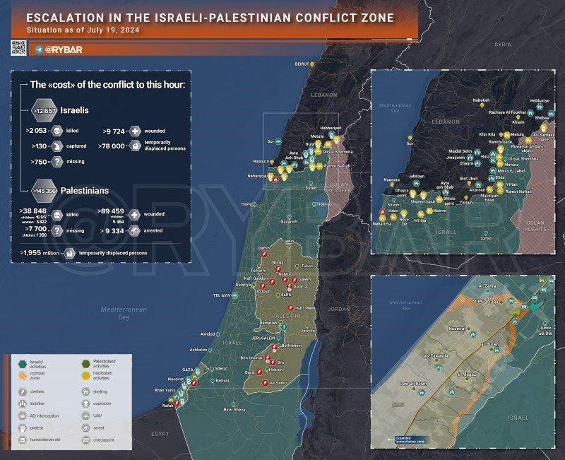 Bản đồ xung đột Israel - Hamas ngày 19/7. (Ảnh: Rybar)