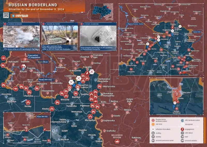 Bản đồ chiến sự Ukraine ngày 9/11, khu vực biên giới Kursk. 