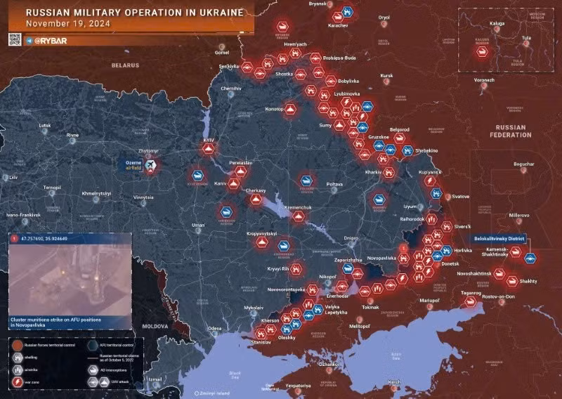 Bản đồ chiến sự Ukraine ngày 19/11. (Ảnh: Rybar)