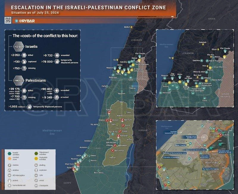 Bản đồ xung đột Israel - Hamas ngày 25/7. (Ảnh: Rybar)