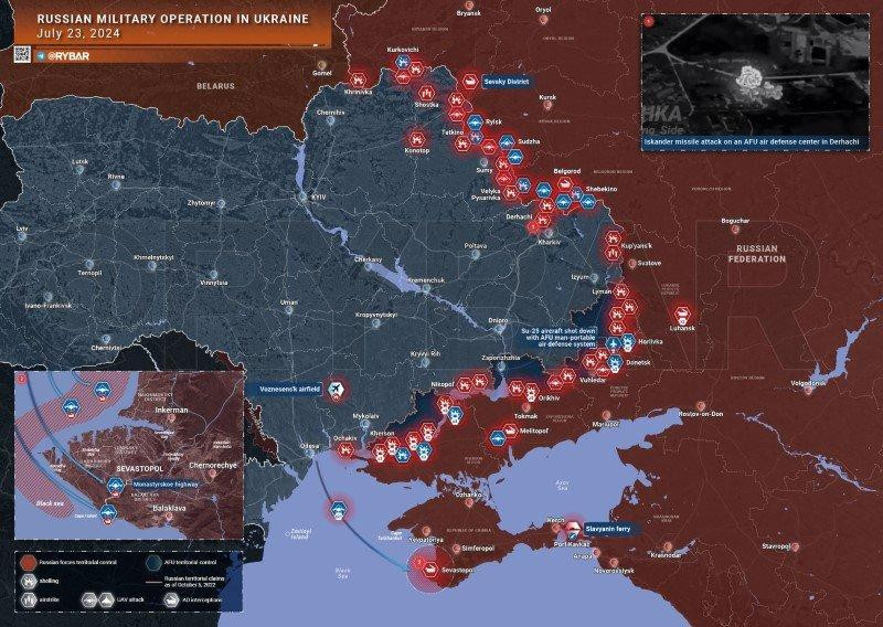 Bản đồ chiến sự Ukraine ngày 23/7. (Ảnh: Rybar)/-strong/-heart:>:o:-((:-h