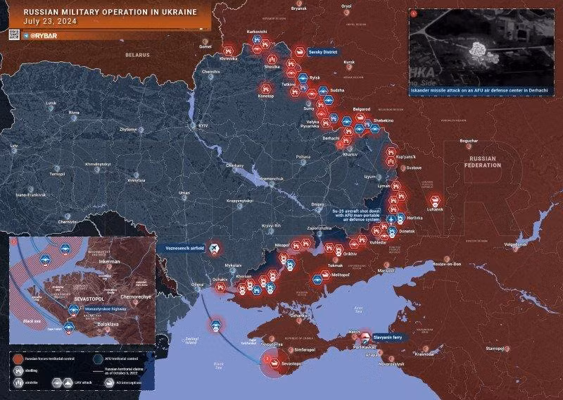 Bản đồ chiến sự Ukraine ngày 23/7. (Ảnh: Rybar)/-strong/-heart:>:o:-((:-h