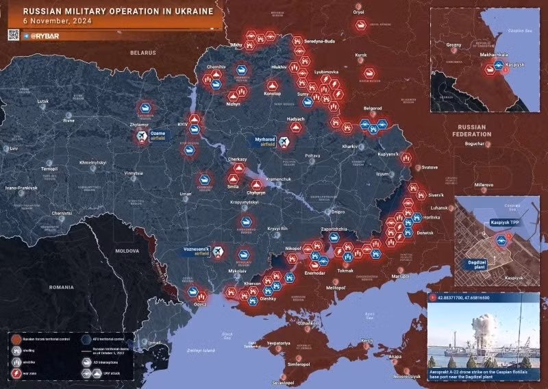 Bản đồ chiến sự Ukraine ngày 6/11. (Ảnh: Rybar).
