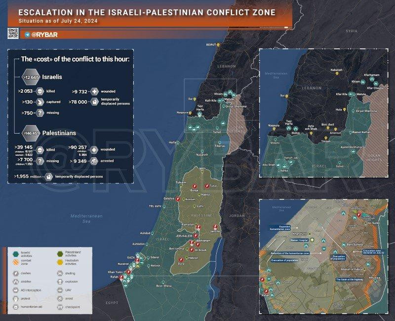 Bản đồ xung đột Israel - Hamas ngày 24/7. (Ảnh: Rybar)