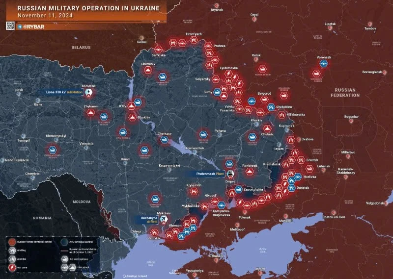 Bản đồ chiến sự Ukraine ngày 11/11. (Ảnh: Rybar)