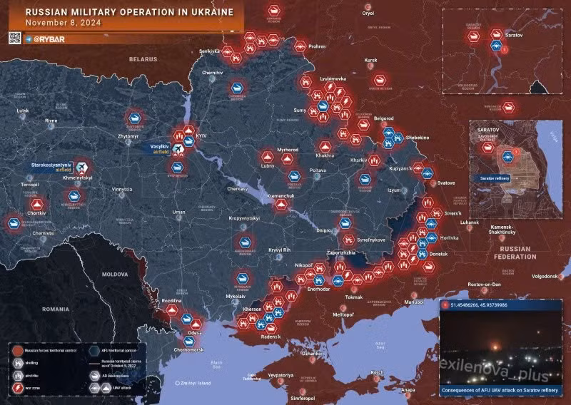 Bản đồ chiến sự Ukraine ngày 8/11. (Ảnh: Rybar)